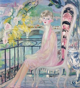 Portret van Dolly Davis op een balkon voor de oude brug van Alma